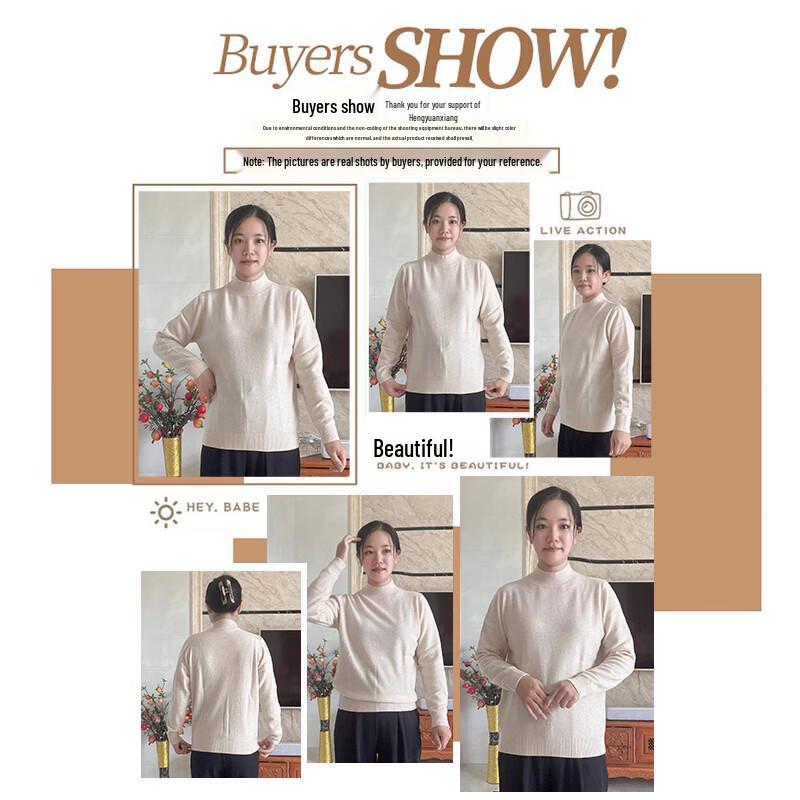 Hengyuanxiang Women's 100% Pure Wool Thick Half-High Collar Sweater