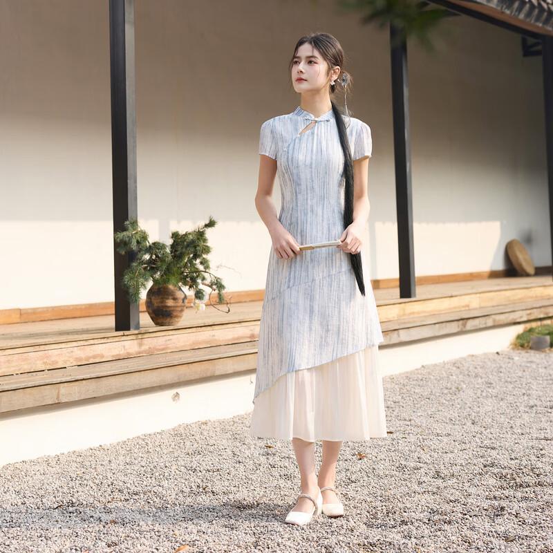 Sancai 2026 Summer New Chinese Style Faux Two-Piece Long Dress