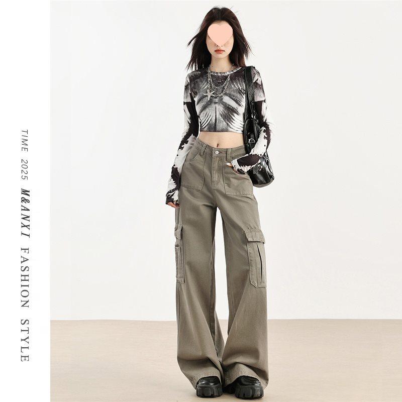 Women's Brown Velvet Wide-Leg Cargo Pants with Multi-Pockets - Spring 2025 Hiking & Casual Wear