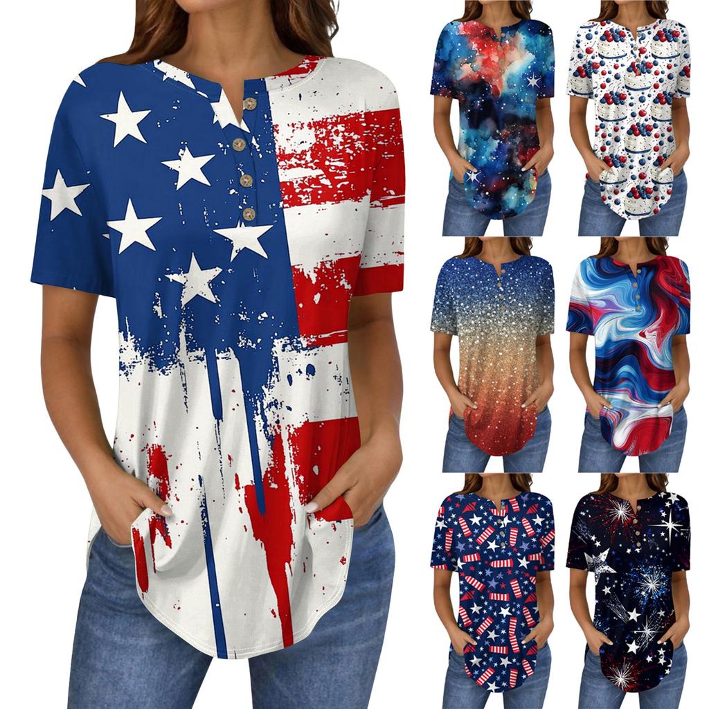 Short Sleeve Womens Tops Summer T-Shirts Print V Neck Casual Basic Tee Button Shirts Tunic Tops Independence Day