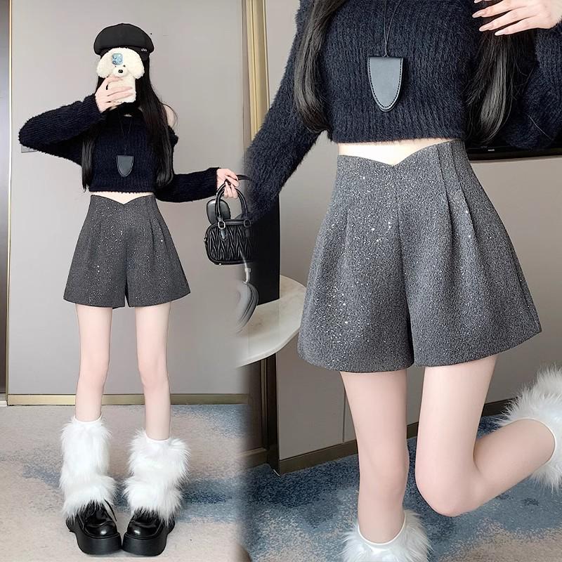 Women's High-Waisted Sequin Tweed Wide-Leg Shorts, Autumn/Winter 2025, Plus Size Slimming Design