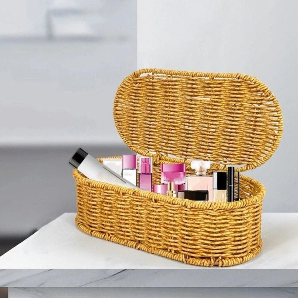Plastic Imitation Rattan Storage Basket Large Capacity with Lid Oval Handwoven Basket Dust-proof Sundries Storage Box Kitchen
