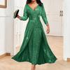 Women's V Neck Three Quarter Sleeve A Line Dress Straight Fit High Waist Glitter Sequin Double Slit Maxi Party Evening Gown
