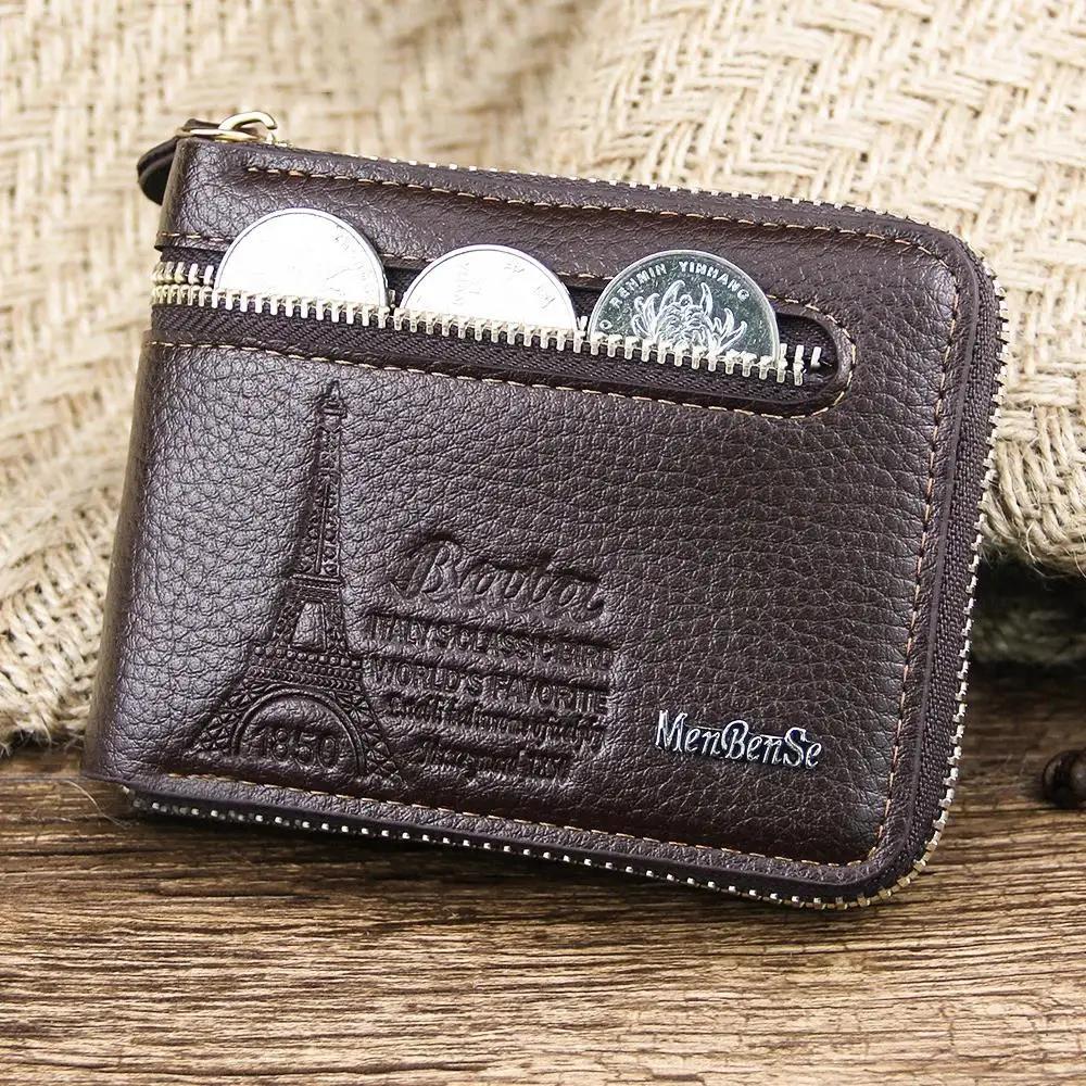 Men Leather Wallet Genuine Wallet Vintage Short Male Wallets Zipper Poucht Male Purse Money Bag Card Holder Soft Purses Cartera