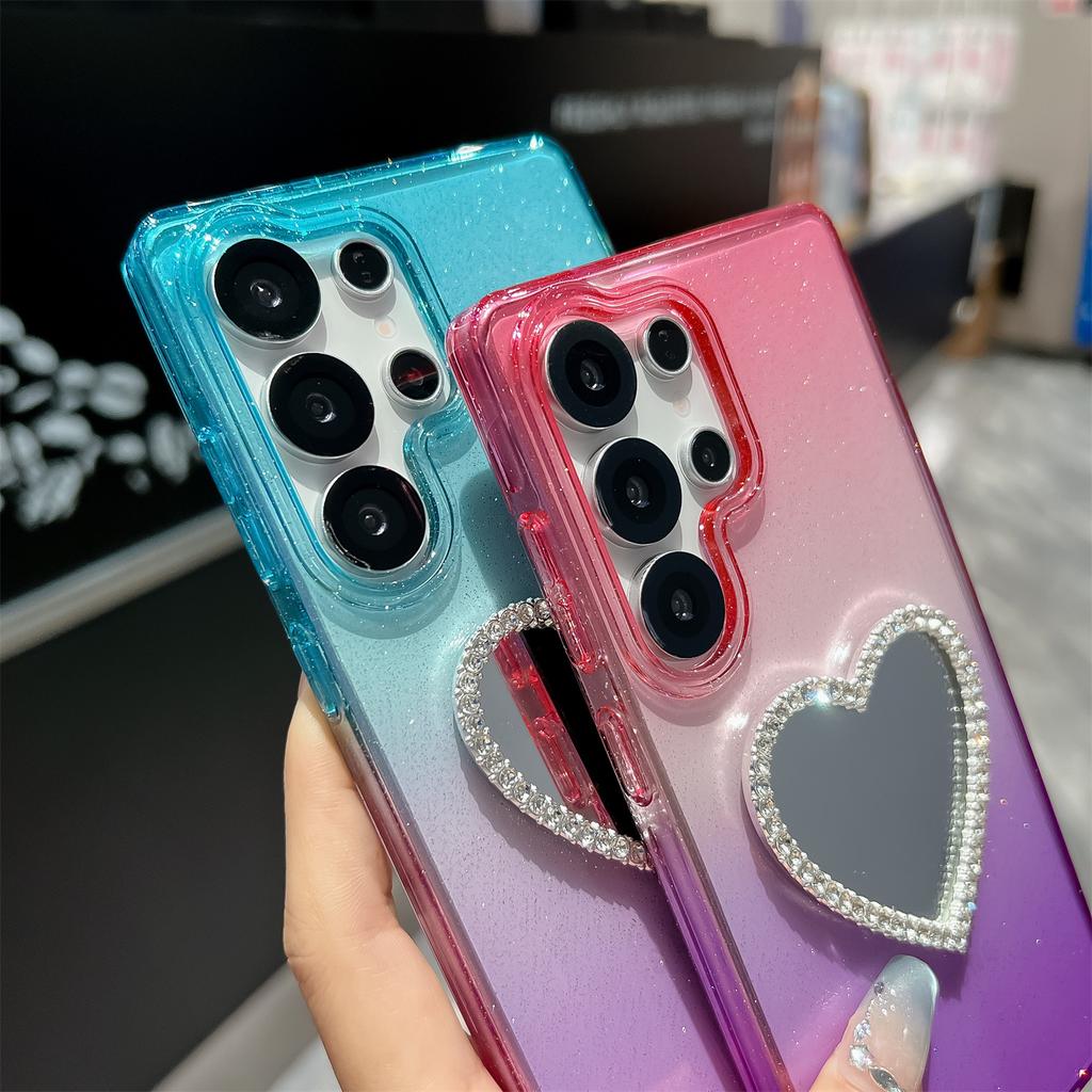For Samsung Galaxy S25 Ultra Case Glitter Dual Color PC+TPU Clear Phone Cover with Heart-Shape Mirror