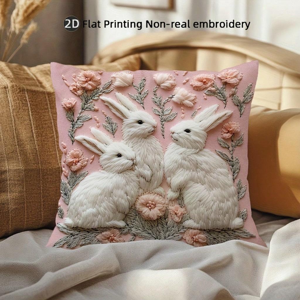 1Pc Easter Rabbit & Floral Pillow Cover Polyester 2D Double-Sided Print Sofa Cushion Case Gift For Living Room