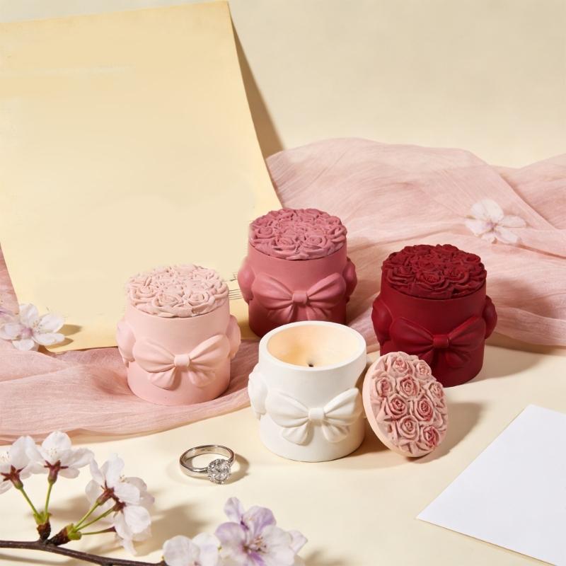 Bowknot Rose Embossed Resin Jar Molds Candle Cup Silicone Mould with Lid for Making Candle Container Holiday Decoration