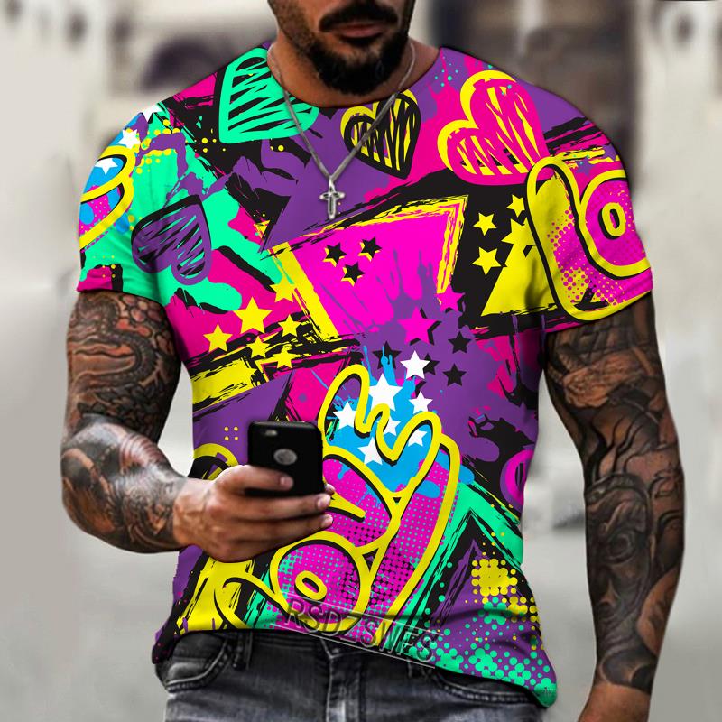 Summer Round Neck 3D Graffiti Explosive Element Print Top Fashionable Casual Short Sleeved Men's T-shirts