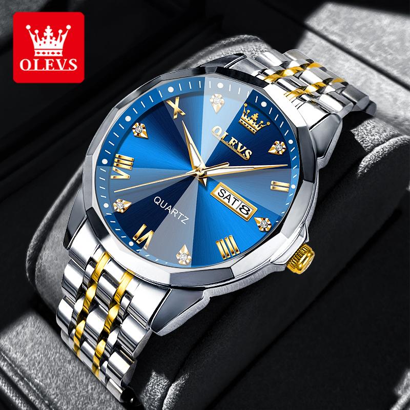 OLEVS Luxury Man Watch Solid Steel Strap Waterproof Men's Watches Fashion Rhombus Mirror Dual Calendar Quartz Wristwatches 9931