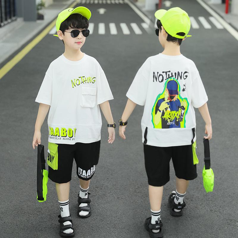 Kids' Summer Casual Short Sleeve Two-Piece Set with Five-Point Pants
