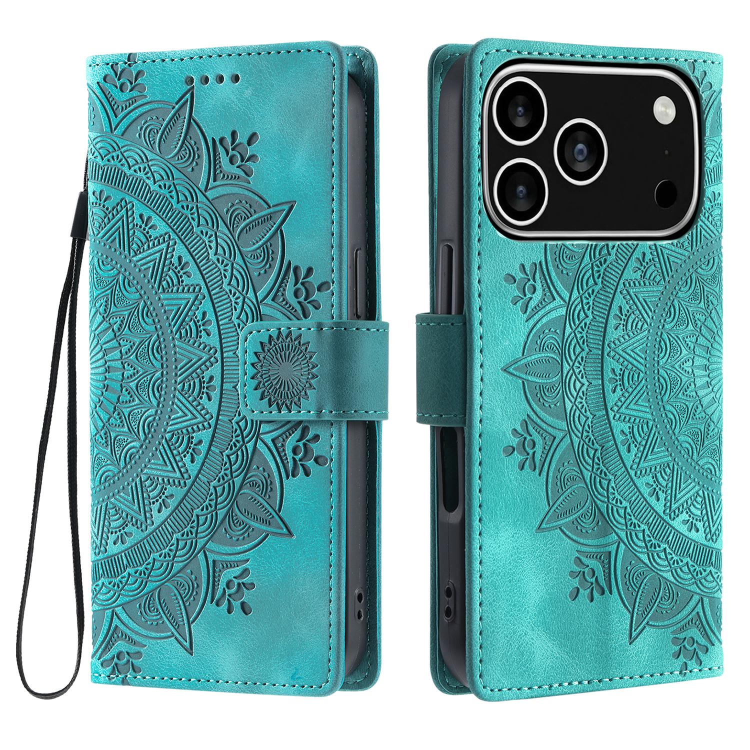 

For iPhone 17 Pro Case Imprinted Totem Skin Feel Wallet Leather Phone Cover with Hand Strap Mint Green