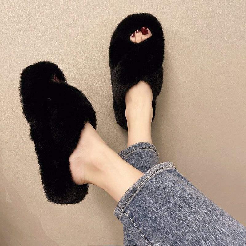 Trendige Outdoor Damen Hausschuhe mit dicker Sohle und Fell - Höhenverstärkend, vielseitig, 2025 Frühling/Herbst Plüsch Baumwolle