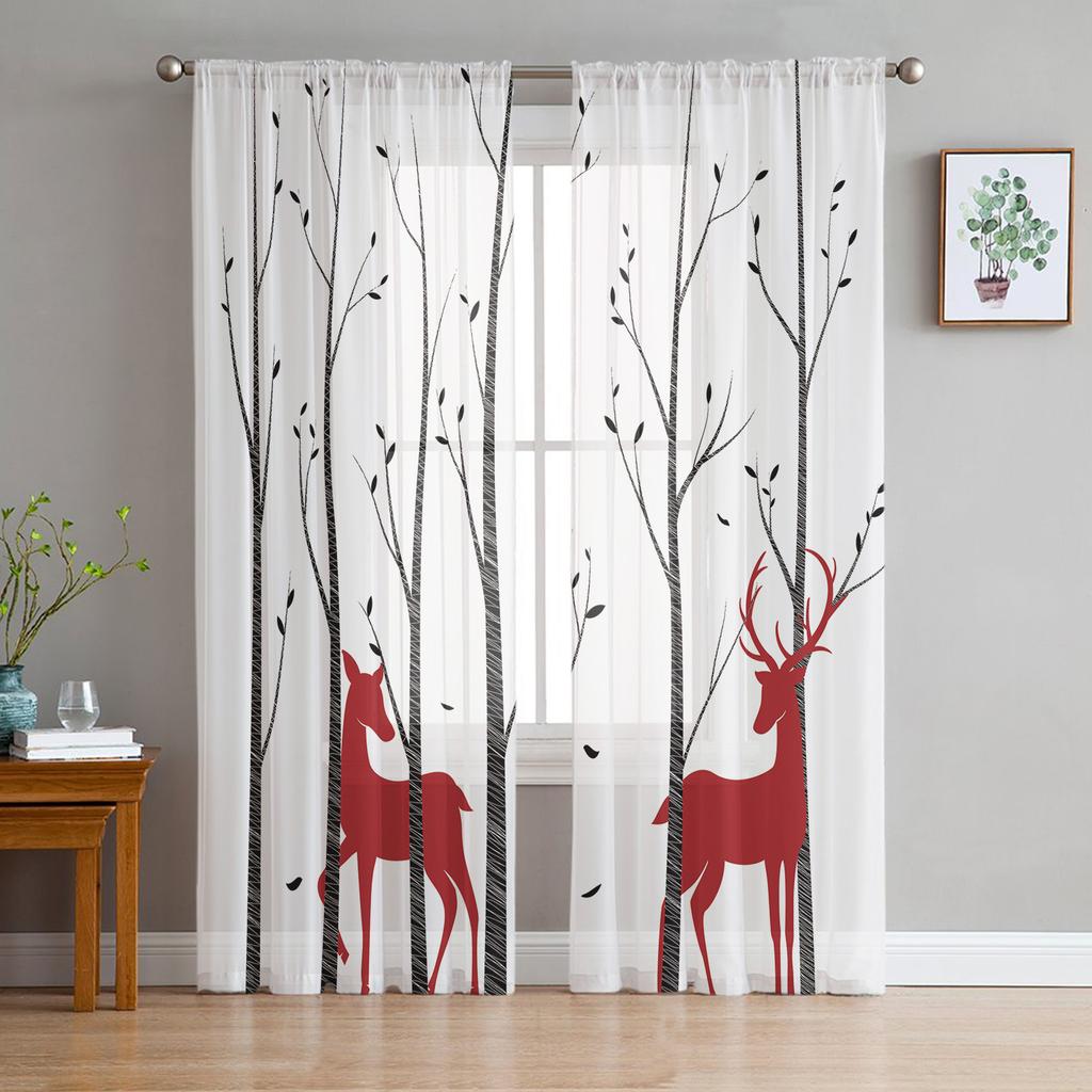 Christmas Elk Curtain Cartoon Xmas Forest Tree Deer Winter Snowflake Semi Living Room Voile Window Treatment Light Filtering Polyester Ideal For Great