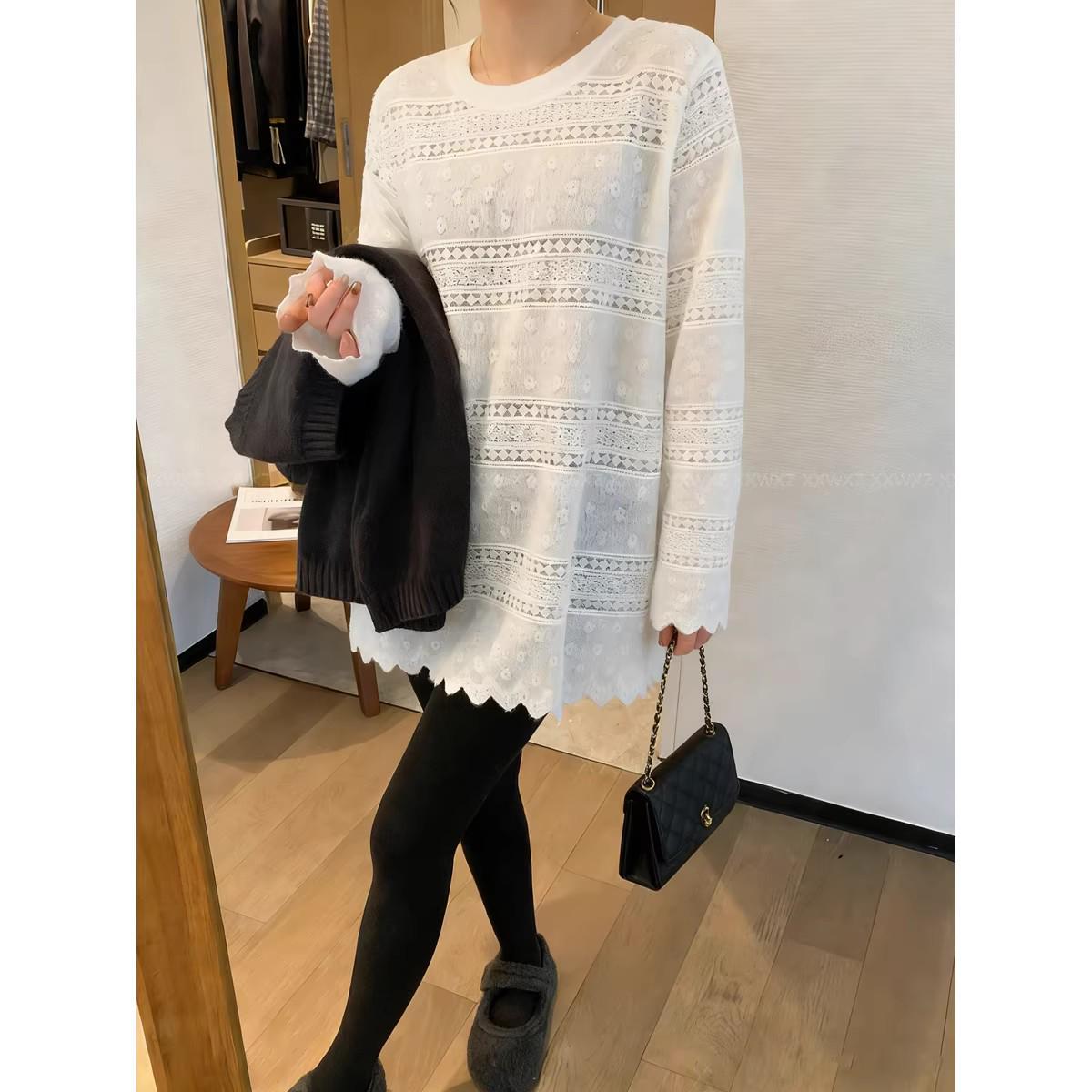 

Dongdaemun Spring Solid Color Lace Trim Long Sleeve Casual T-shirt One Size белый