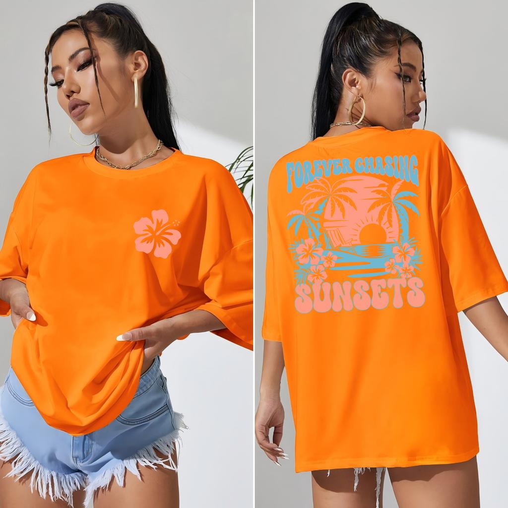 Forever Chasing Sunsets Beach Coconut Tree Print T-Shirt Women Summer All-Match T Shirt Y2K Soft Clothes Loose Tops