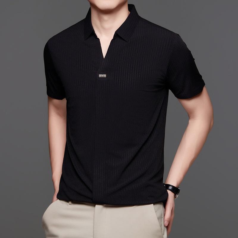 Premium Thin Short Sleeve V-Neck Casual Breathable Skin-Friendly Business Loose Polo Shirt Men'S Clothing