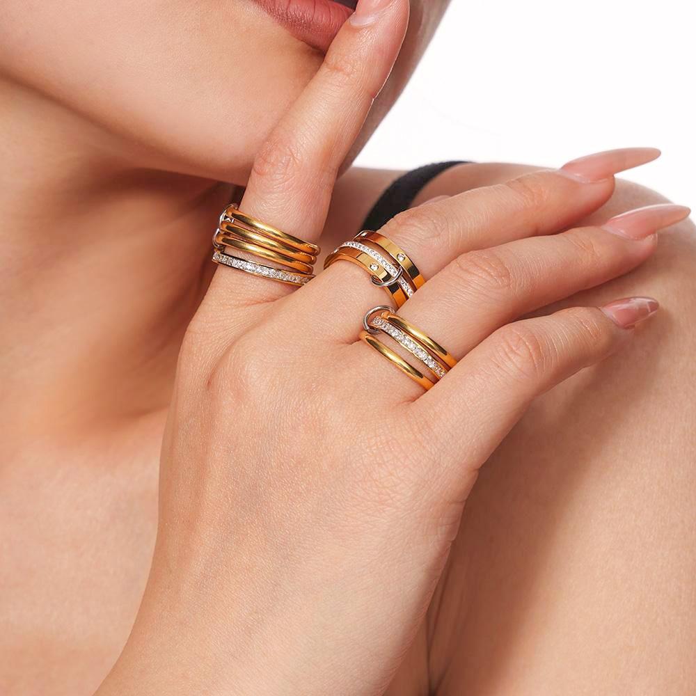 Multi Color Links Stacked Stainless Steel Rings For Women 18k Gold Plated No Fading Rock Hip-hop Style Women's Ring Female Rings