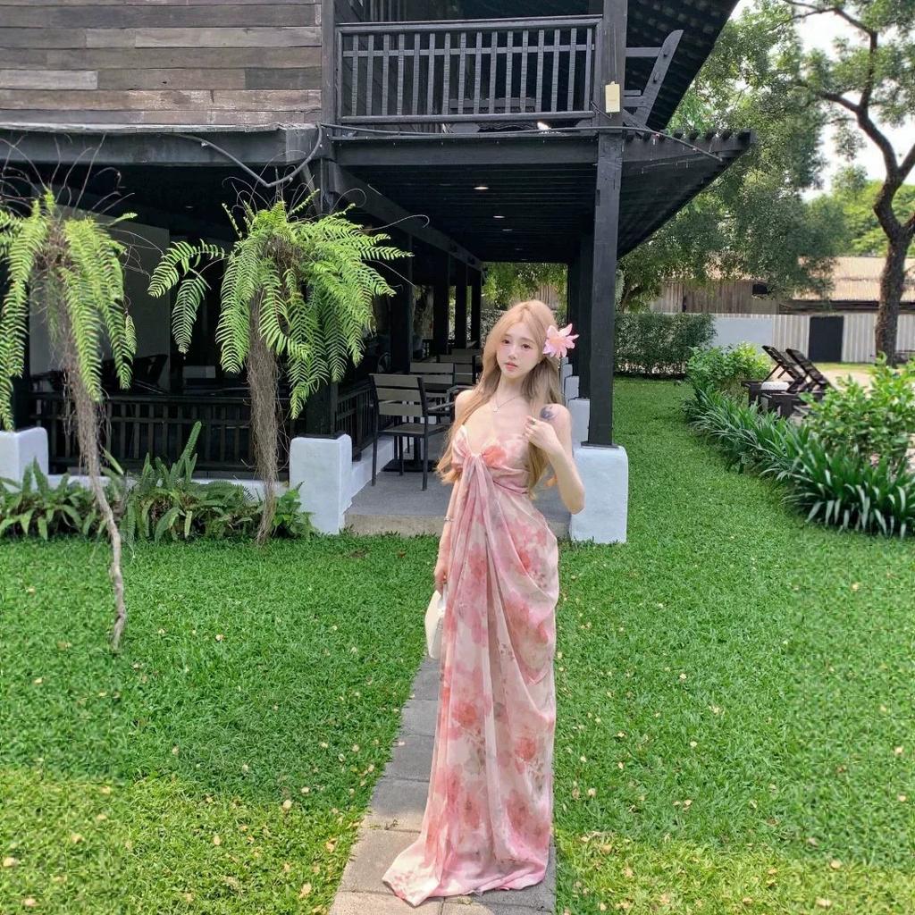 Seaside Vacation High-end Beach Dress Pure Desire Sexy Pink Floral Suspender Dress Women's Floor Skirt