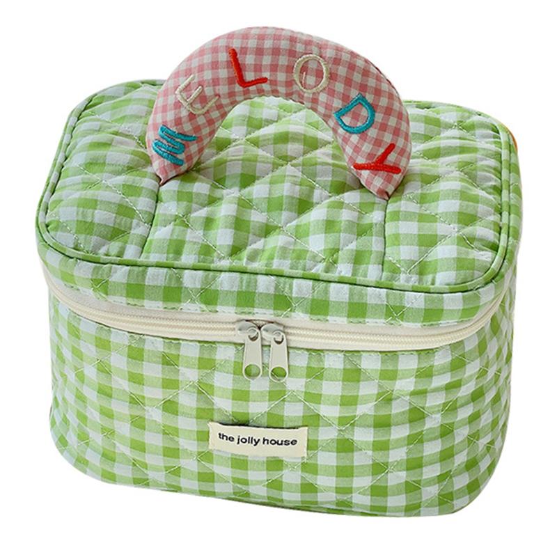 Lovely Grid Design Cosmetics Storage Bag Cloth Zipper Handbag Makeup Bag