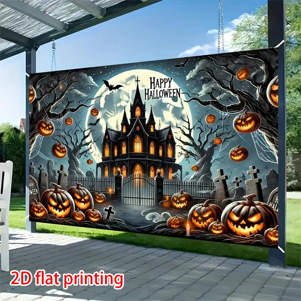 2D flat banner 1 Halloween party background banner evil pumpkin bat creepy castle.PMJ