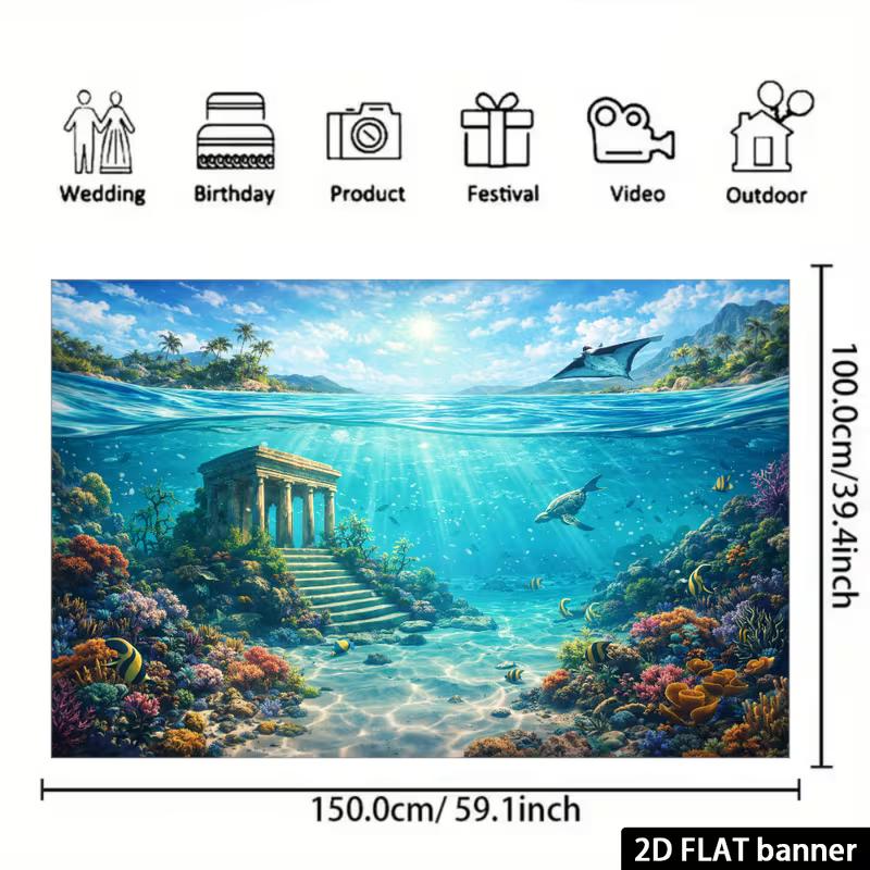 2D Sunlit Underwater Temple Backdrop Tropical Ocean Coral Reef Party Background