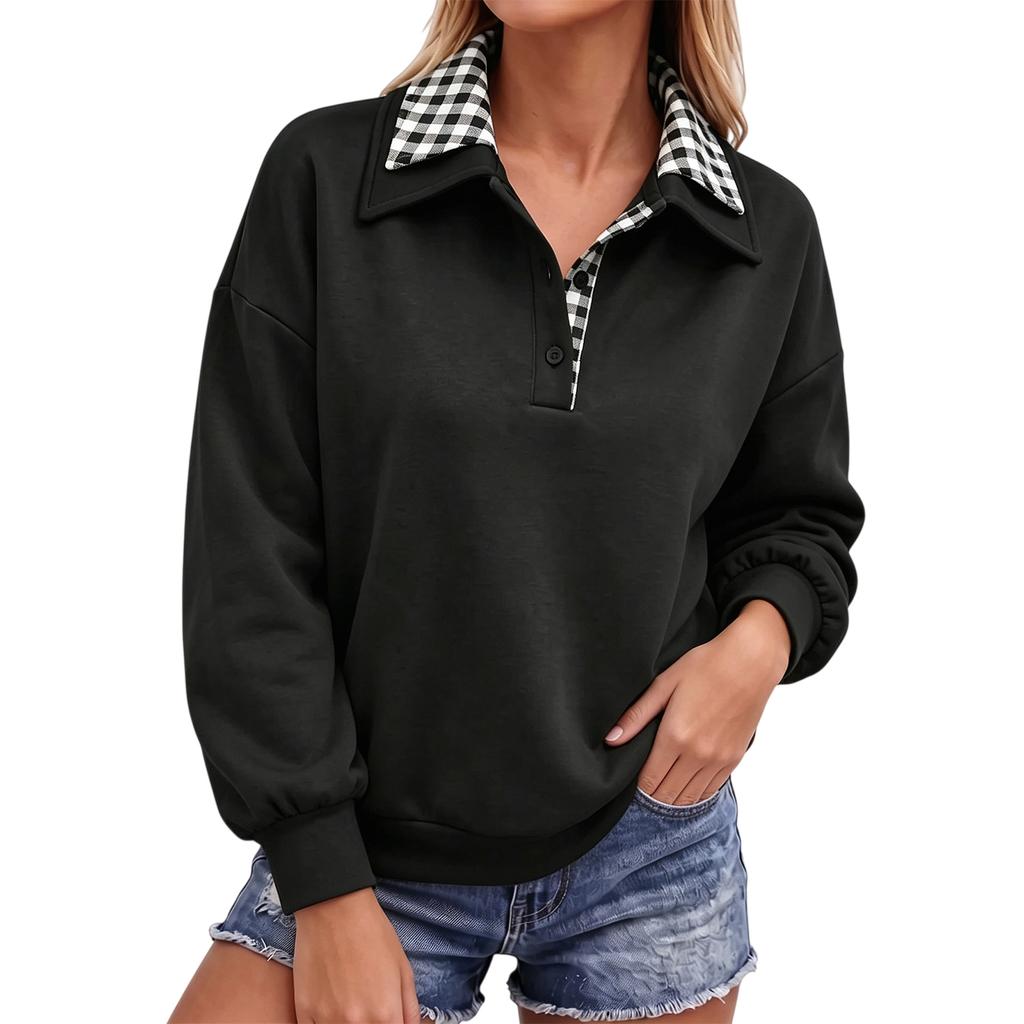 Women's Plaid Collared Pullover Sweatshirt Loose Fit Casual Fall Top