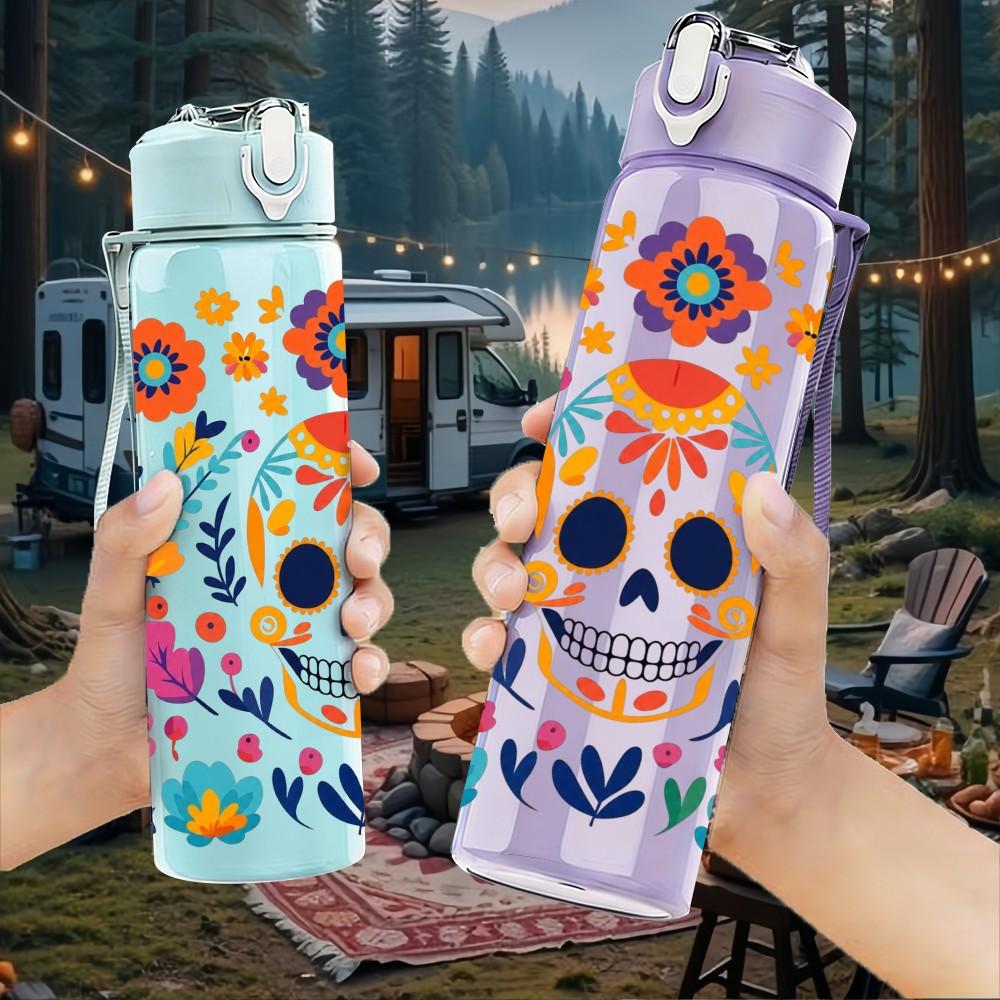1PC Mexican Floral Skull Art 750ml Color Plastic Sports Water Bottle Leakproof Flip Straw Lid Suitable for Sports Office Home Use