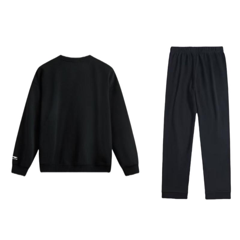 Li Ning Logo Print Round Neck Pullover Long Sleeve Sweatshirt Casual Sports Suit Men Sweatshirt Black AKLUA73-4+AWDUF05-1