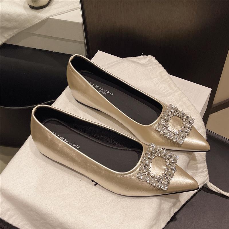2025 spring and autumn new flat-bottomed commuter single shoes rhinestone square buckle pointed shallow mouth shoes daily height increase one pedal s