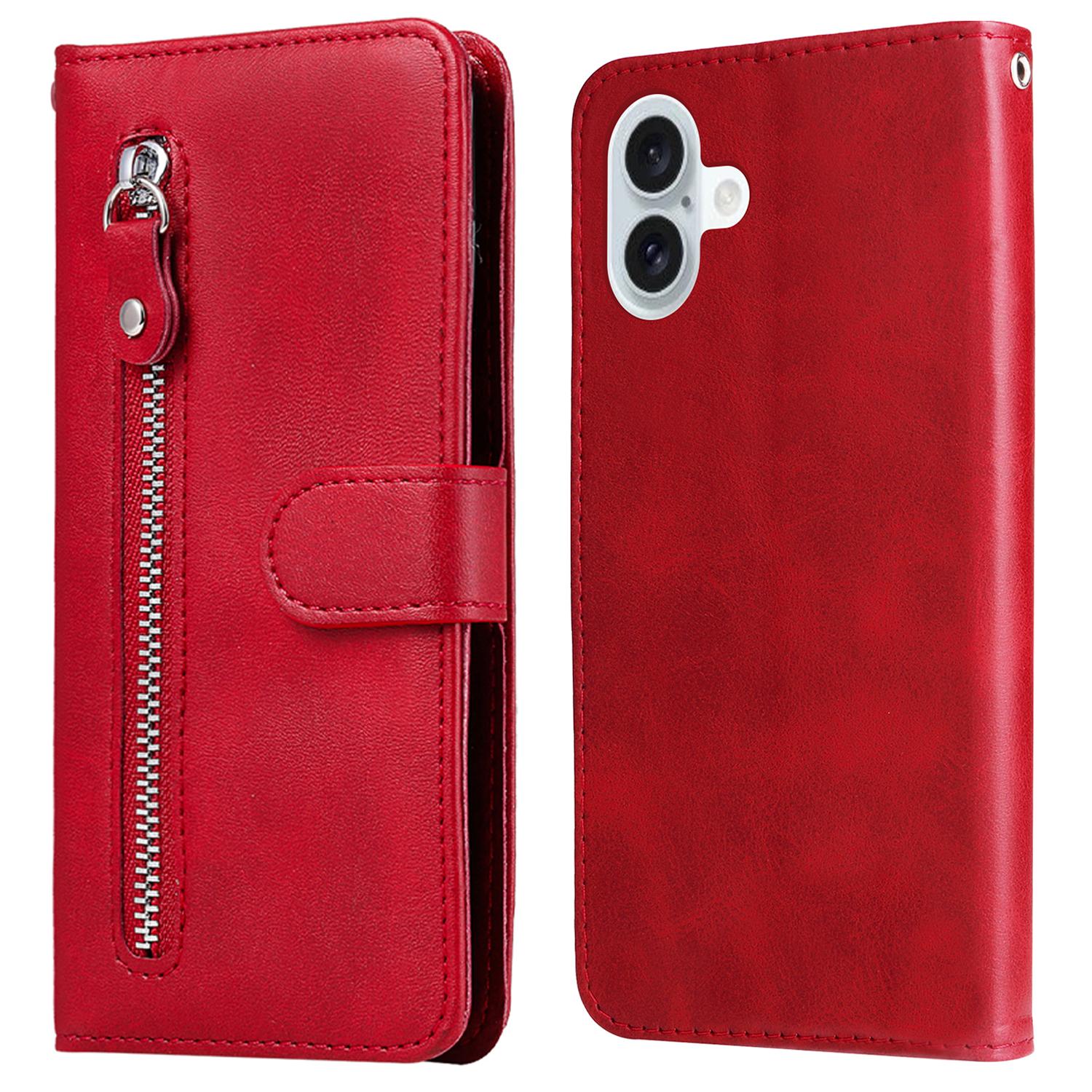 

For iPhone 16 Plus Case PU Leather Card Slots Zipper Pocket Phone Cover Red