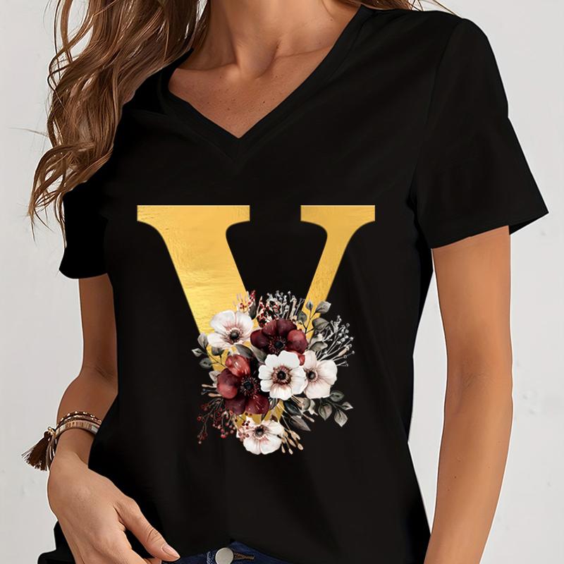 Vintage Flower Alphabet Graphic T Shirts Women Alphabet Rose Gold Essential Women Clothing Gift for Alphabet Floral Lover Tshirt