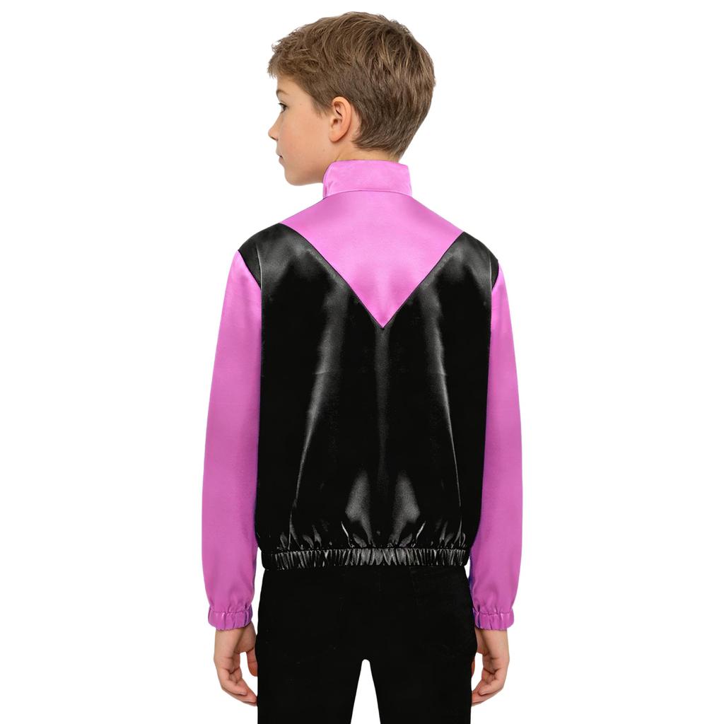 Kids Horse Rider Costume Color Block Mock Neck Zip Up Top Equestrian Training Competition Long Sleeve Outwear