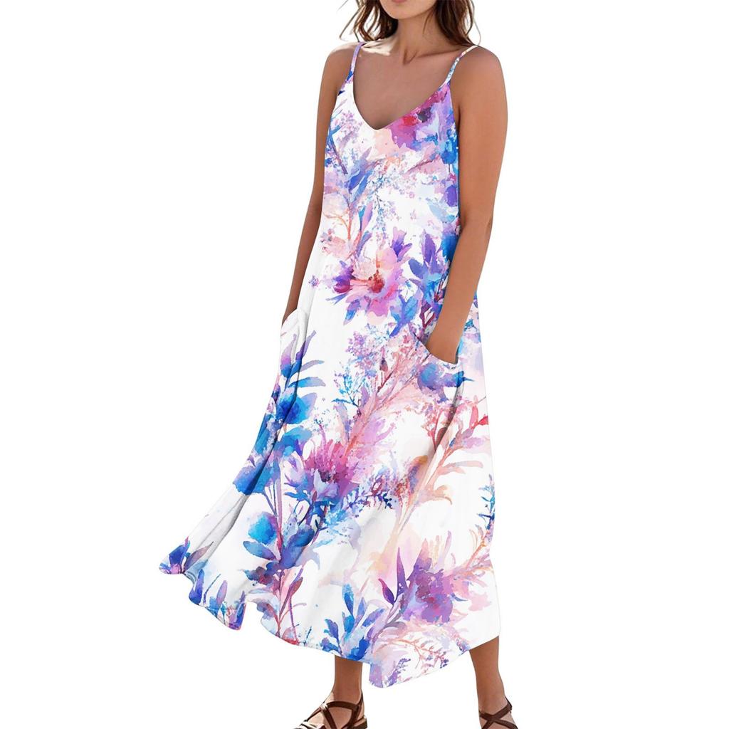 Women's Casual Tie- Floral Print Sleeveless Pocket Dress