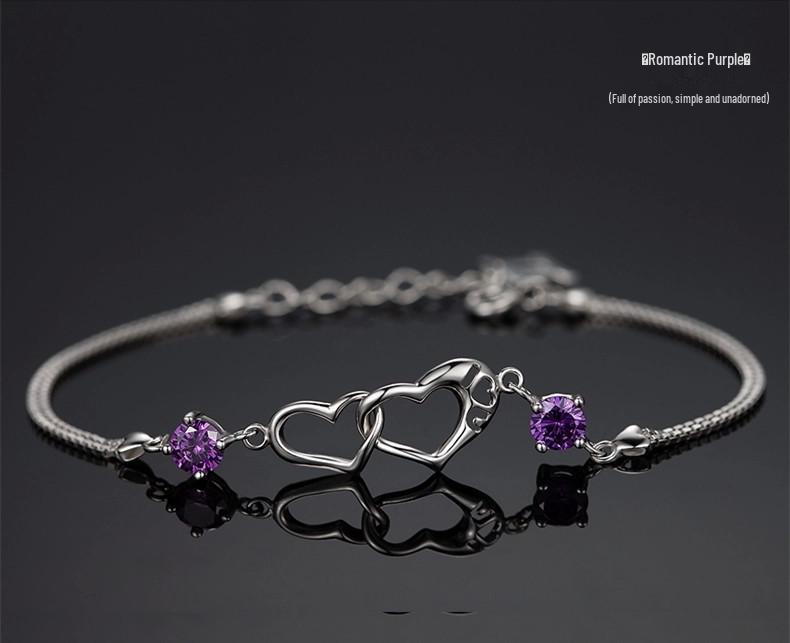 

925 Sterling Silver Double-Layer Heart Bracelet with Amethyst - Korean Fashion, Perfect for Couples & Christmas 925 Silver