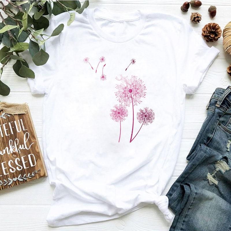 Women's dandelion floral print letter t-shirt - Trendy women's T-shirt with short sleeves Summer polyester fabric