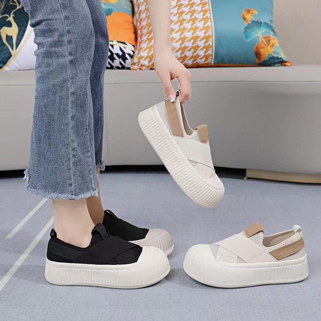 Women's Summer Breathable Mesh Canvas Shoes with White Shoes, One-step Thick-soled Versatile Sneakers
