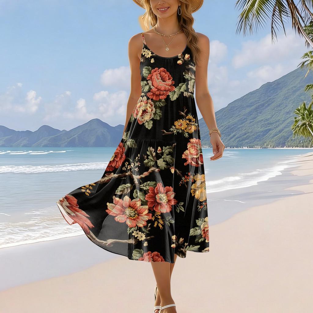 Ärmelloses Damen Maxikleid mit Spaghettiträgern, Farbverlaufdruck, Sommerlich, Fließend, Mehrlagig, Strandkleid, Lässig, Locker sitzend, Strandmode