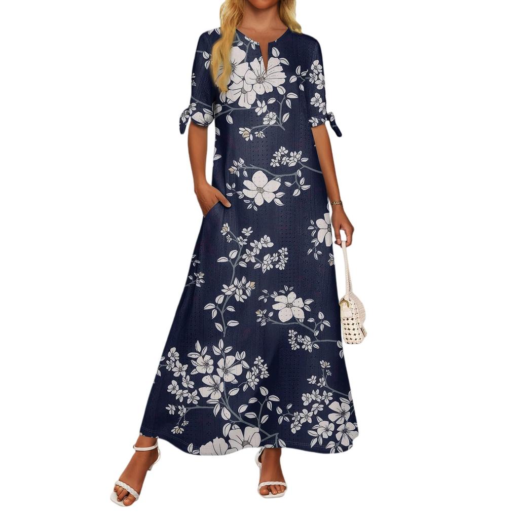 Ladies Casual Fashion Temperament Elegant Waist Patchwork Print Long Dress