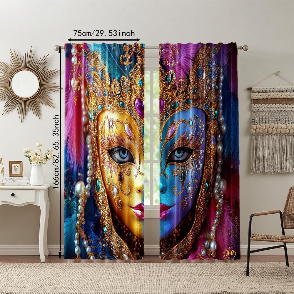 2 Pcs   Versatile Polyester Transparent Curtains for Home Decoration Venice Carnival Mask for Use In Bedrooms and Living Rooms