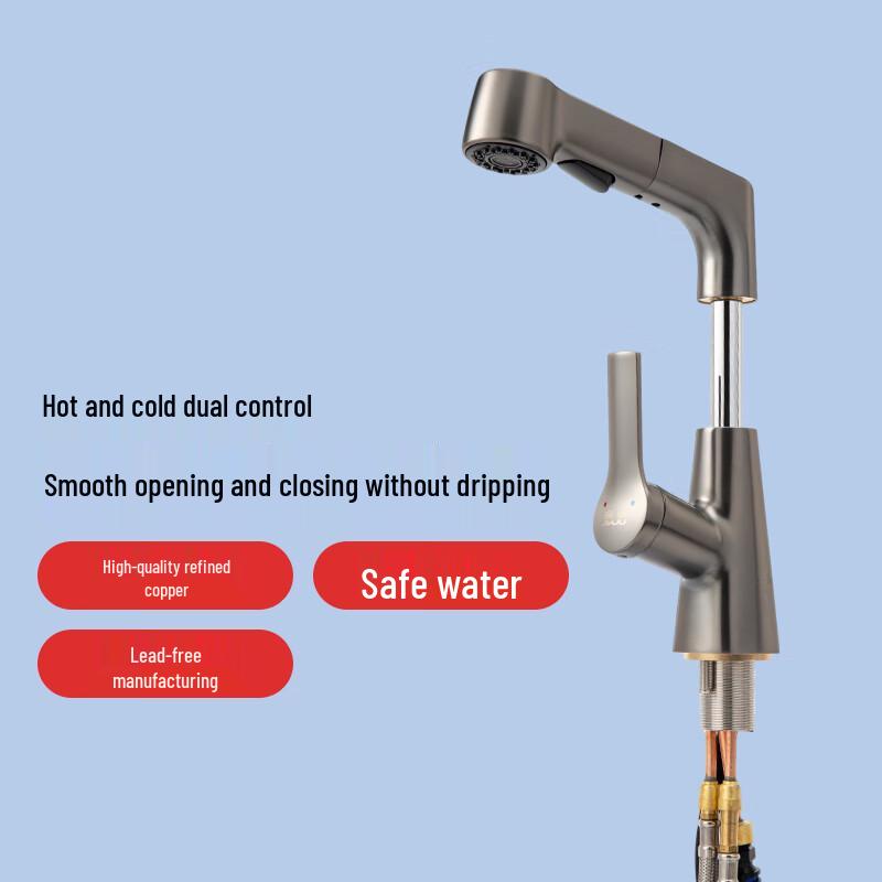 Jiaju Pull-Out Bathroom Sink Faucet, Gunmetal Grey