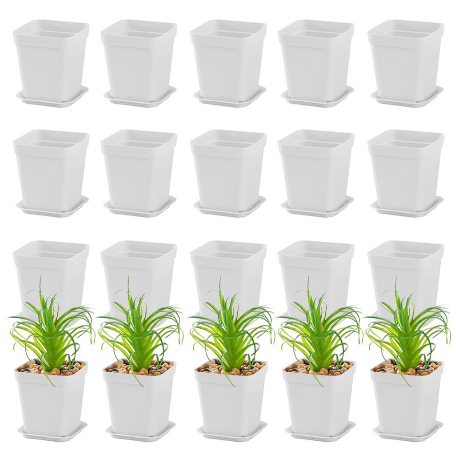 6pcs 7cm Black/White Plastic Square Plant Pots with Drainage Trays Ideal for Succulents Office Desktop Gardening Balcony Decor