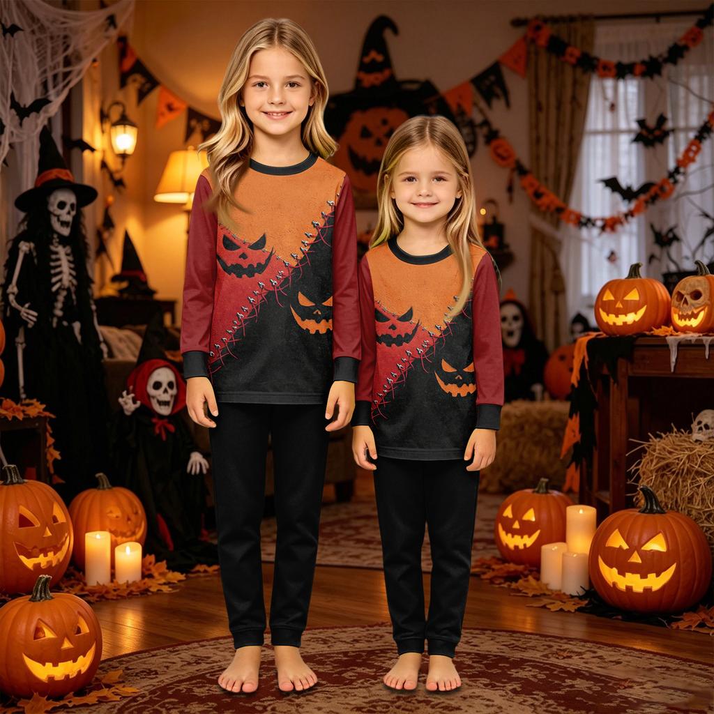 Family Matching Halloween Print Pajama Set with Long Sleeve Top and Pants for Parents and Kids