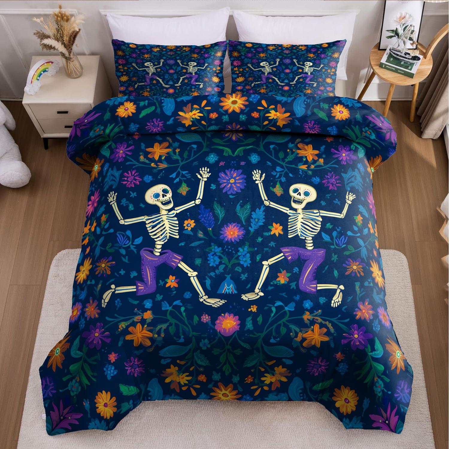 

3pcs Christmas Duvet Cover Set without Core Quilt Cover with 2 PillowcasesSoft and Machine Washable Skeleton Floral Bedding EU Twin(135x200cm)
