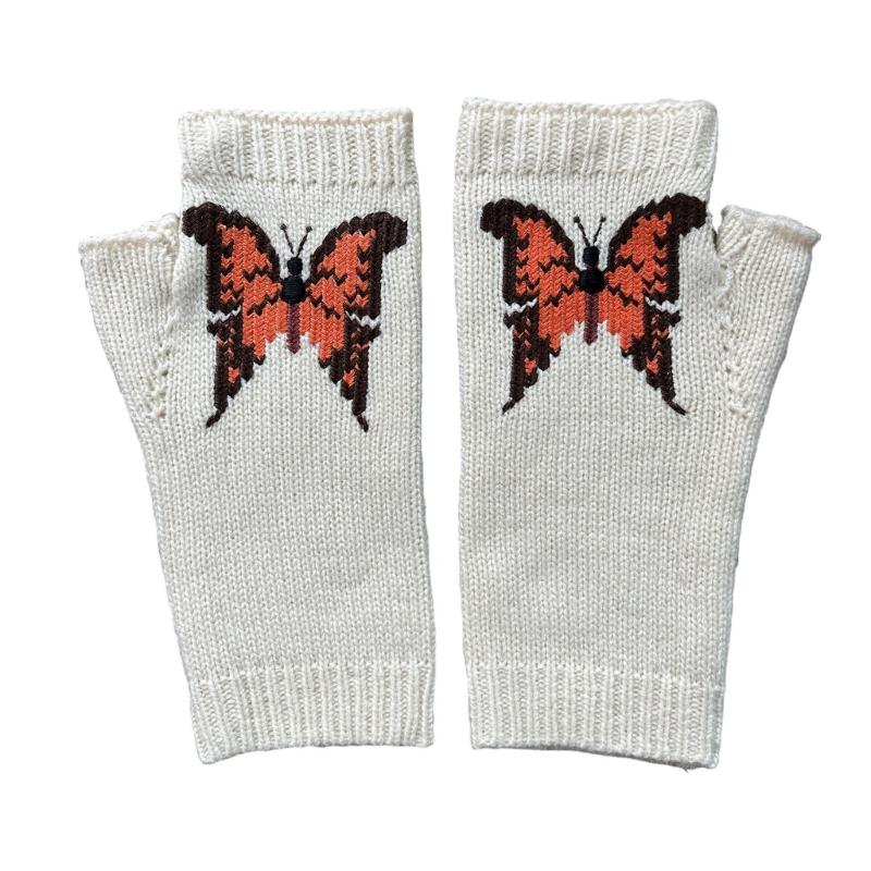Embroidery Butterfly Pattern Knitted Gloves Winter Half Finger Thicken Warm Christmas Long Gloves for Girlfriend