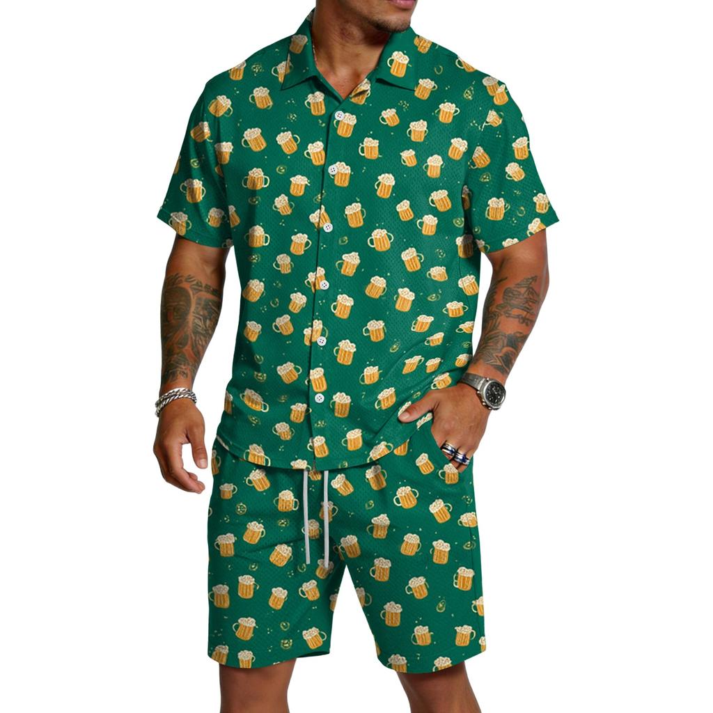 Conjunto Casual de Top Ligero Transpirable Estampado para Hombre y Shorts con Cordón