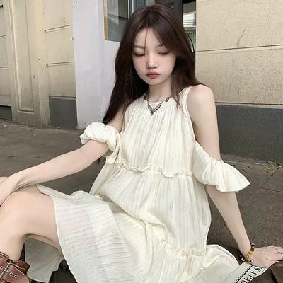 French Pleated Fungus Edge Off-the-shoulder Sweet Age-reducing Dress Women's Summer Design Sense Casual Loose and Thin Short Skirt