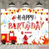 Playful Fireman Birthday Backdrop, Bright Red and Yellow Design with Fire Truck and Firefighter Elements, Festive Kids' Party Wall Decor