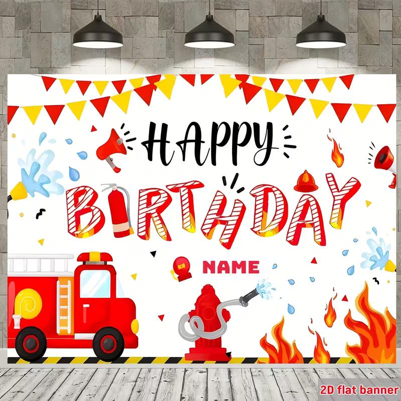 Playful Fireman Birthday Backdrop, Bright Red and Yellow Design with Fire Truck and Firefighter Elements, Festive Kids' Party Wall Decor