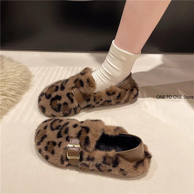 Pantofi Plați de Damă la Modă Iarnă Nou Cap Rotund Gură Adâncă Leopard Talpă Moale Antiderapanți Rezistenți la Uzură Pantofi de Pluș Tenis
