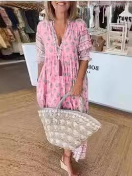 European and American style summer new bohemian V-neck fashion printed lantern sleeves high waist pendulum dress women
